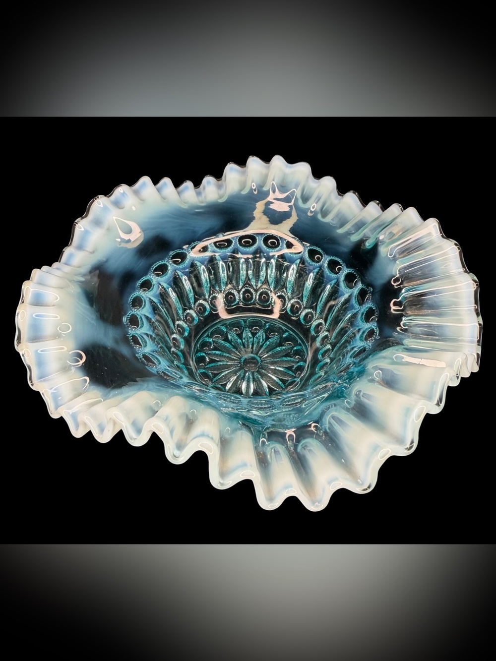 Antique Jefferson Glass Company, "Barbells" Pattern Blue Opalescent Ruffled Bowl